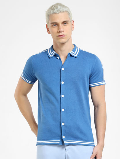 Blue Front Open Knit Polo T-shirt