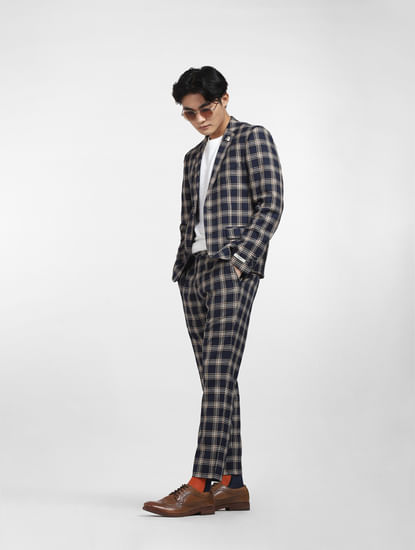 Blue Mid Rise Check Print Trousers