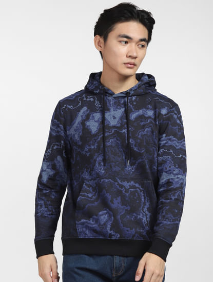 Blue Abstract Print Hooded Sweatshirt