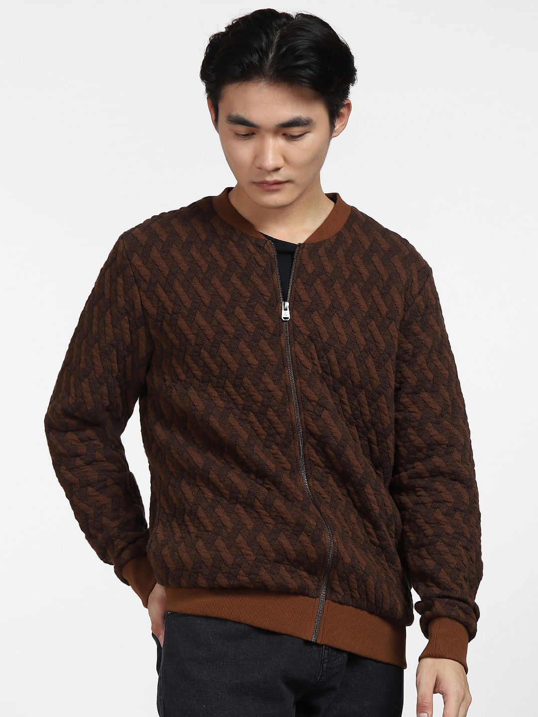 Brown Textured Sweatshirt Jacket|230324501