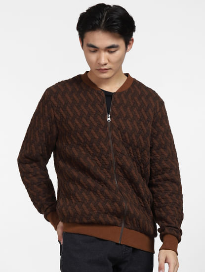 Brown Textured Sweatshirt Jacket