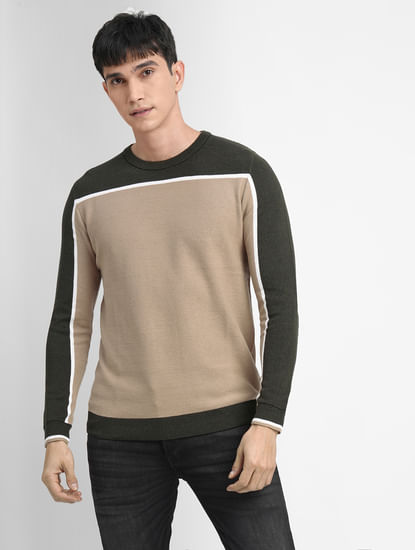 Grey Colourblocked Cotton Pullover