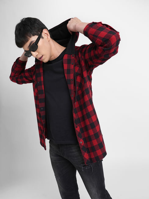 Red Check Hooded Full Sleeves Shirt