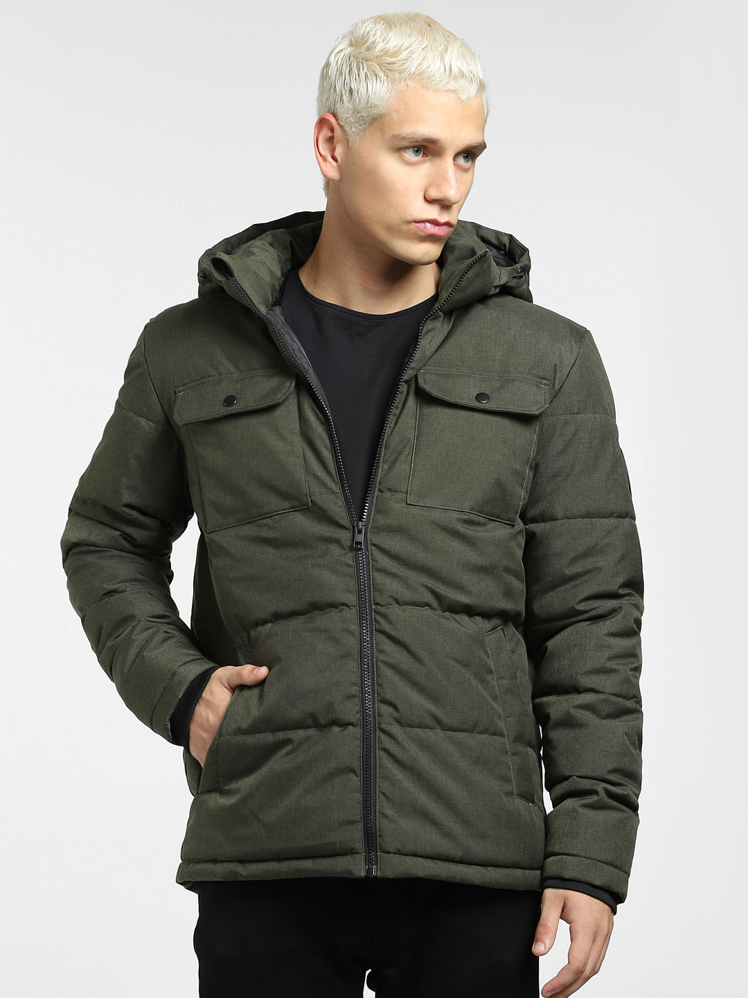 dark green jacket with hood