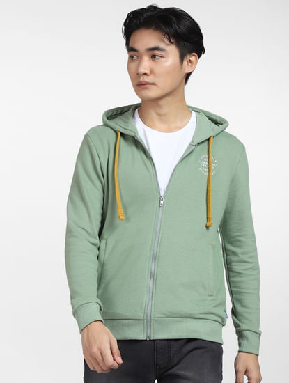 Green Front-Open Hooded Sweatshirt