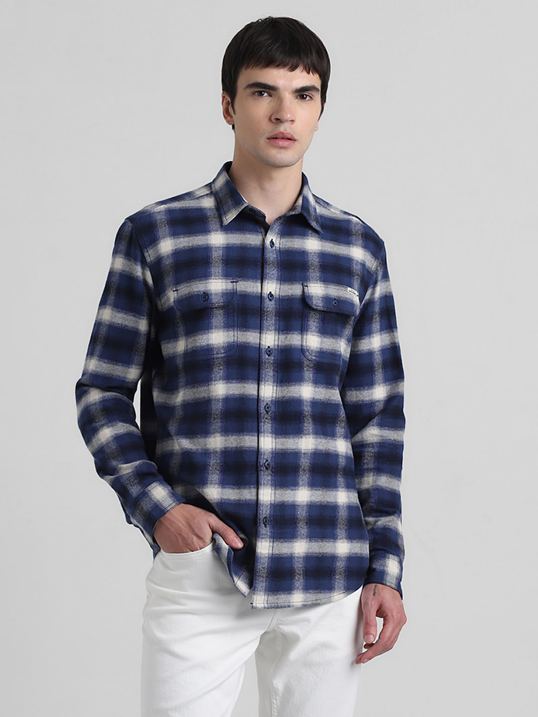 Blue Check Print Cotton Shirt