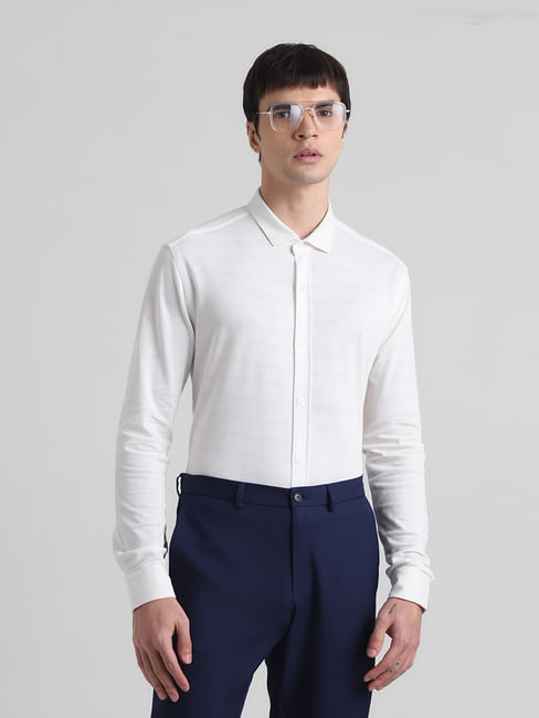 White Knitted Full Sleeves Shirt