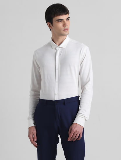 White Knitted Full Sleeves Shirt