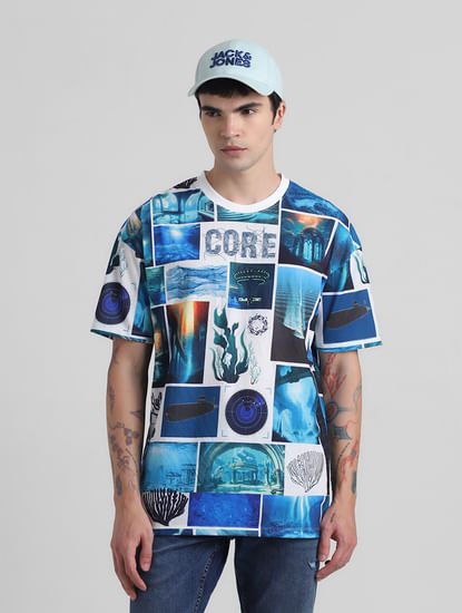 Blue Collage Print Oversized T-shirt