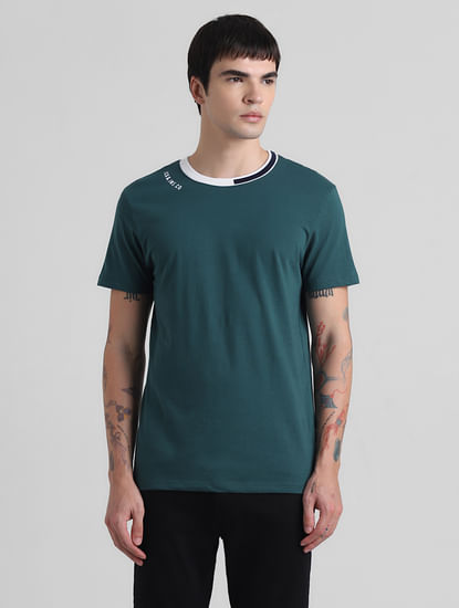 Green Cotton Contrast Neck T-shirt