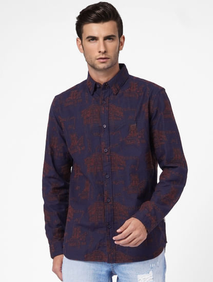 Navy Blue Embroidered Full Sleeves Shirt