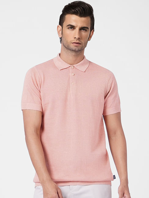 Pink Linen Knit Polo T-shirt