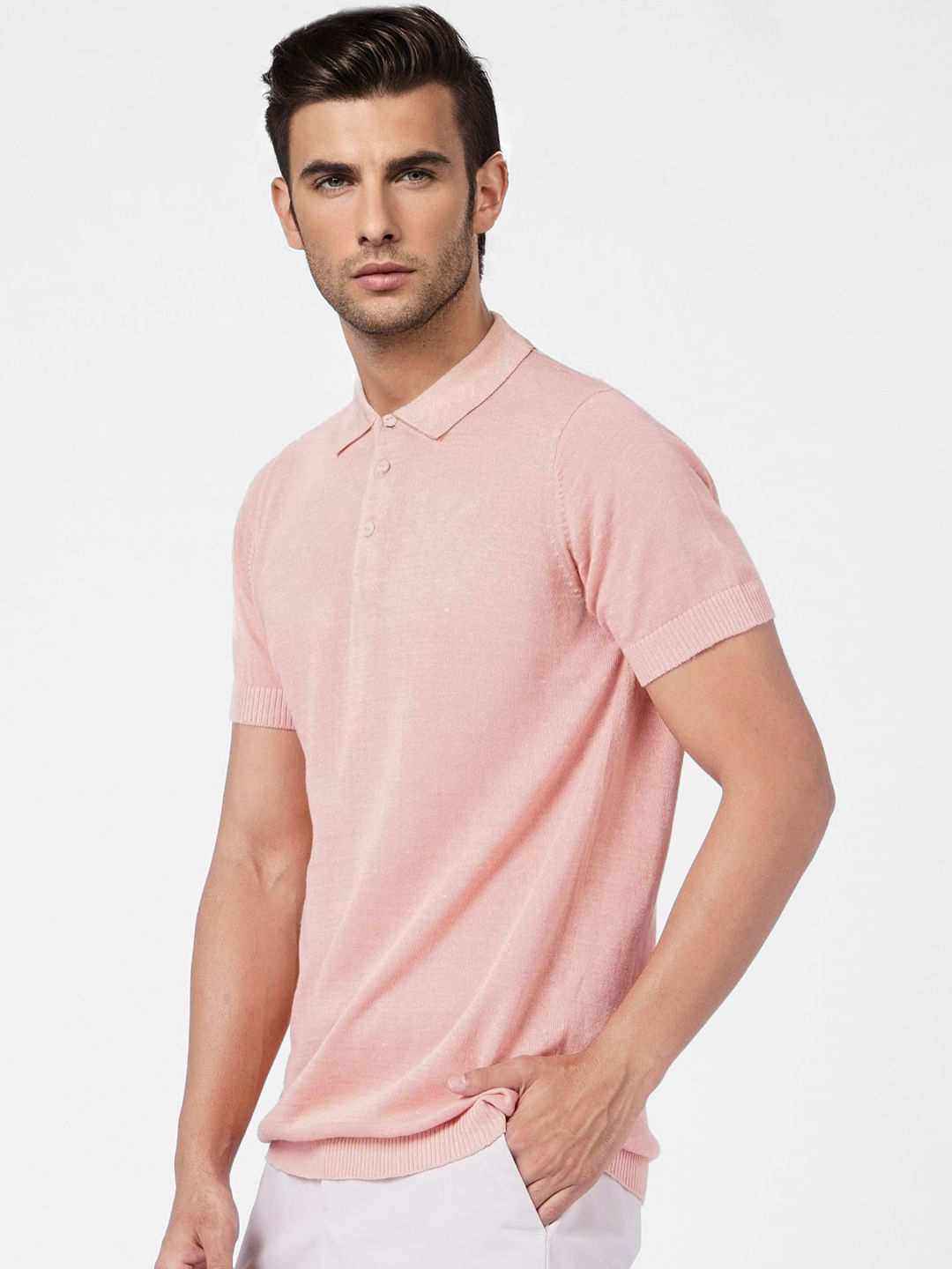 Buy Men Pink Linen Knit Polo T-Shirt Online