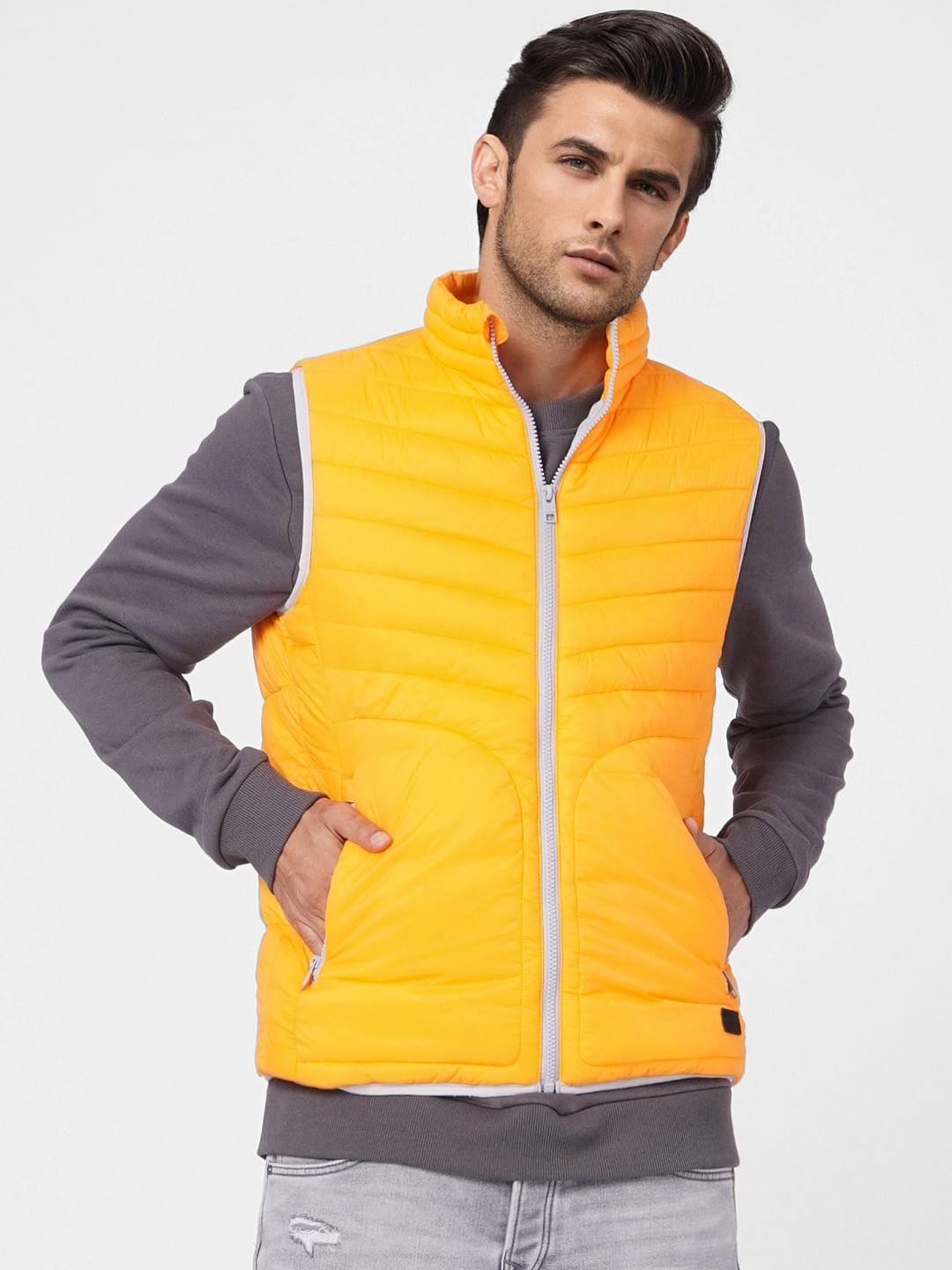 men orange puffer vest