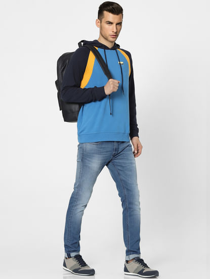 Blue Colourblocked Hooded Sweatshirt