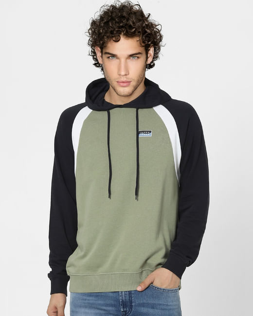 Green Colourblocked Hooded Sweatshirt
