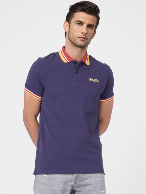 Blue Contrast Tipping Polo Neck T-shirt