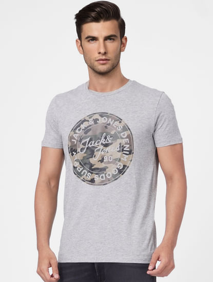 Grey Camo Graphic Crew Neck T-shirt