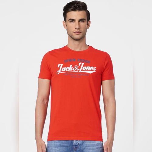 JACK&JONES Red Logo Print Crew Neck T-shirt