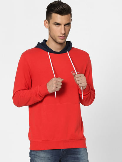 Red Colourblocked Hooded Sweatshirt