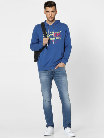 Blue Graphic Print Hooded Sweatshirt