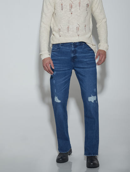 Blue High Rise Ripped Bootcut Jeans