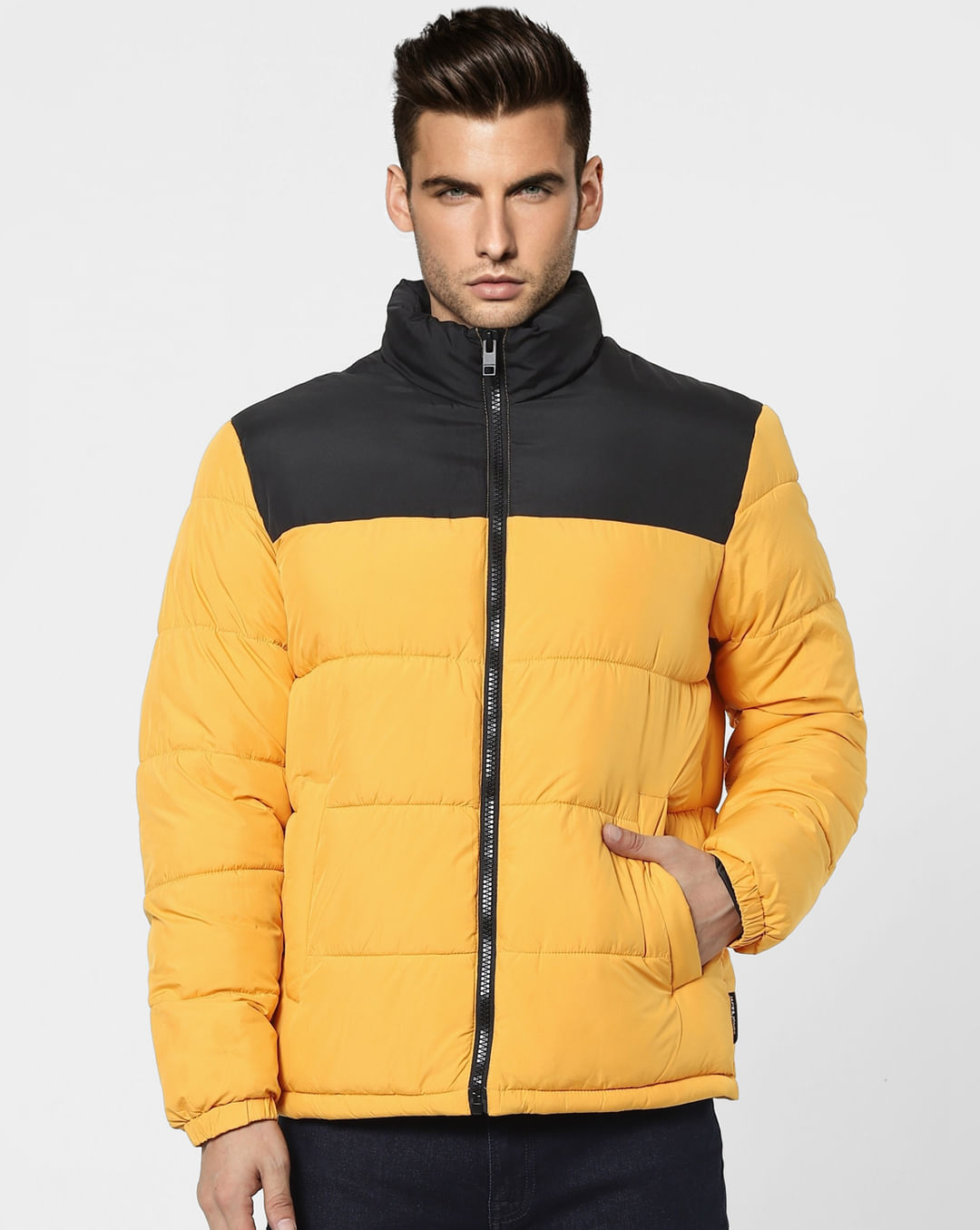 Buy Men Yellow High Neck Puffer Winter Jacket Online