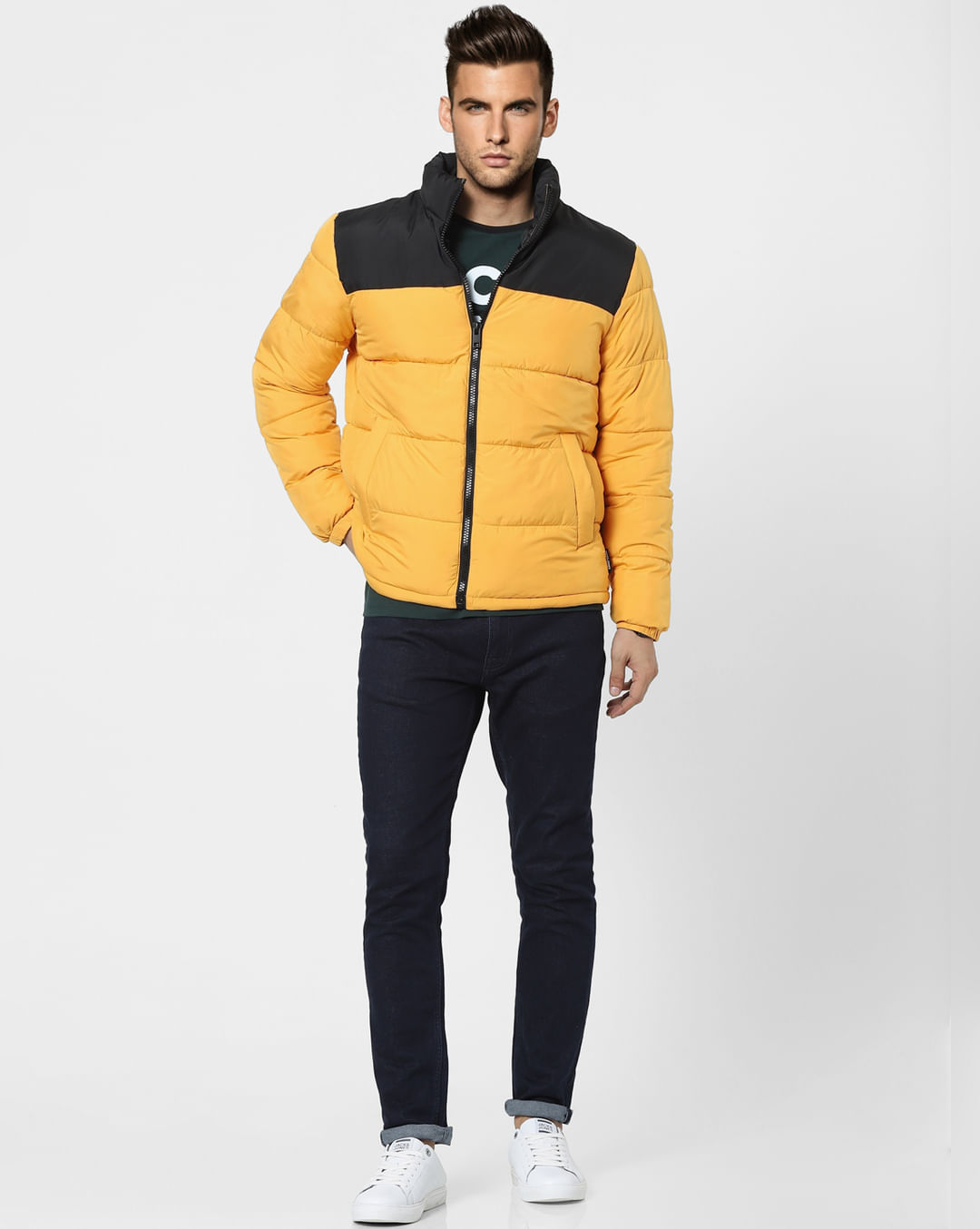Buy Men Yellow High Neck Puffer Winter Jacket Online