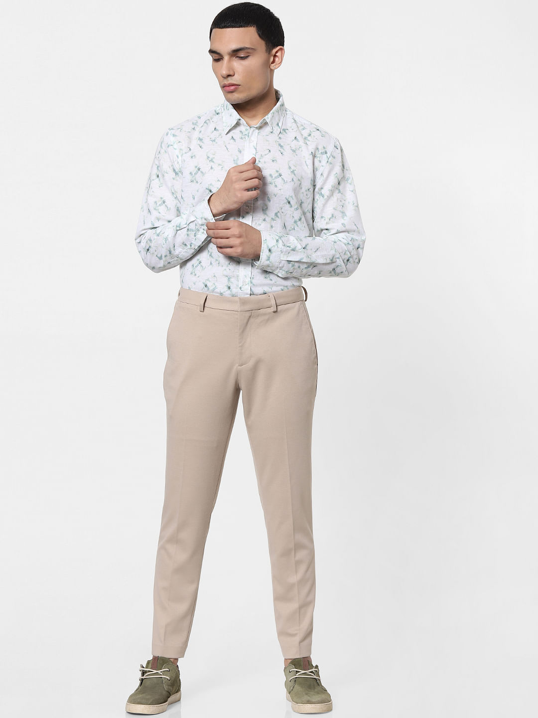 Beige Poly Cotton Mens Formal Trousers