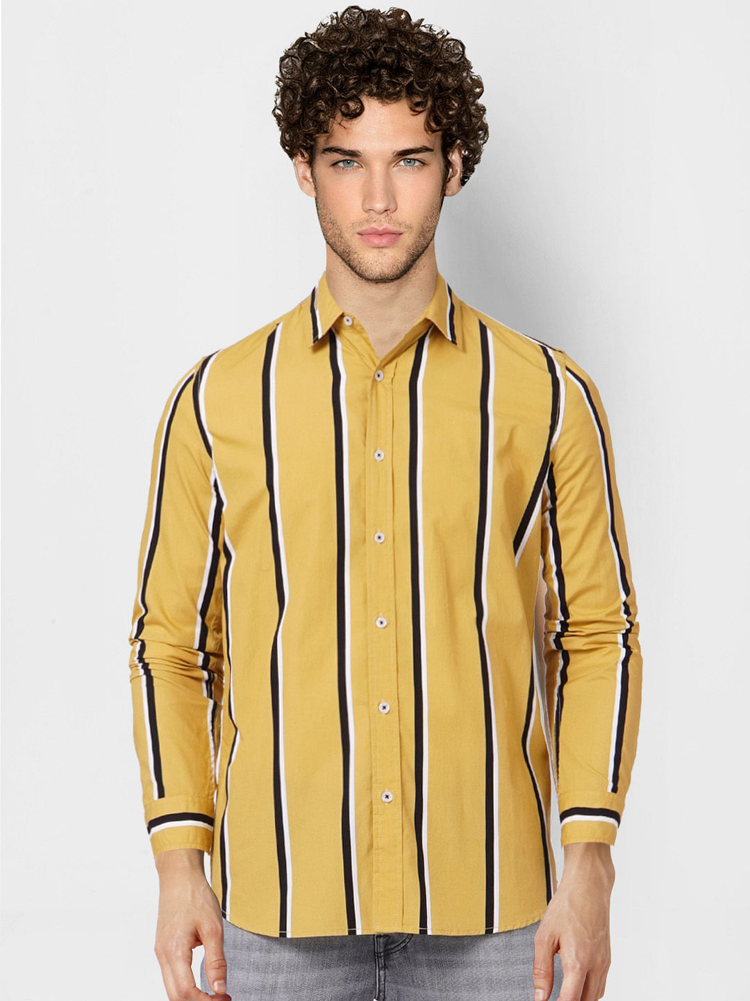 yellow striped button up shirt mens