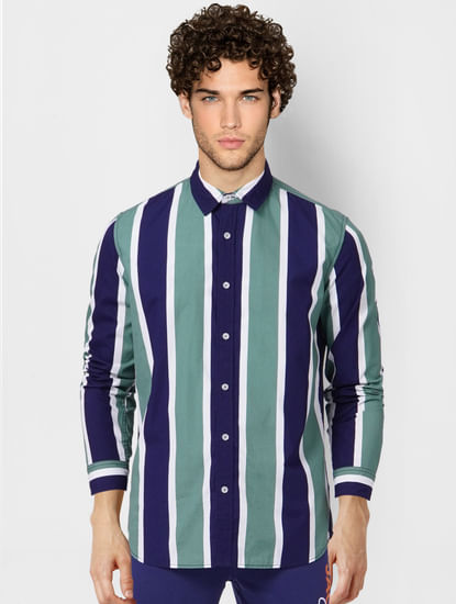 Green Striped Full Sleeves Shirt