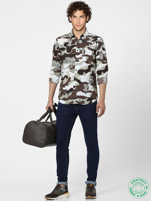 White & Brown Abstract Print Full Sleeves Shirt