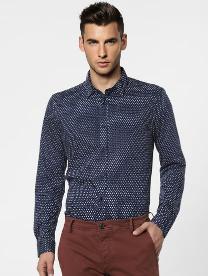 Dark Blue Geometric Print Full Sleeves Shirt