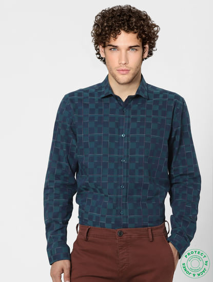 Turquoise Blue Check Full Sleeves Shirt