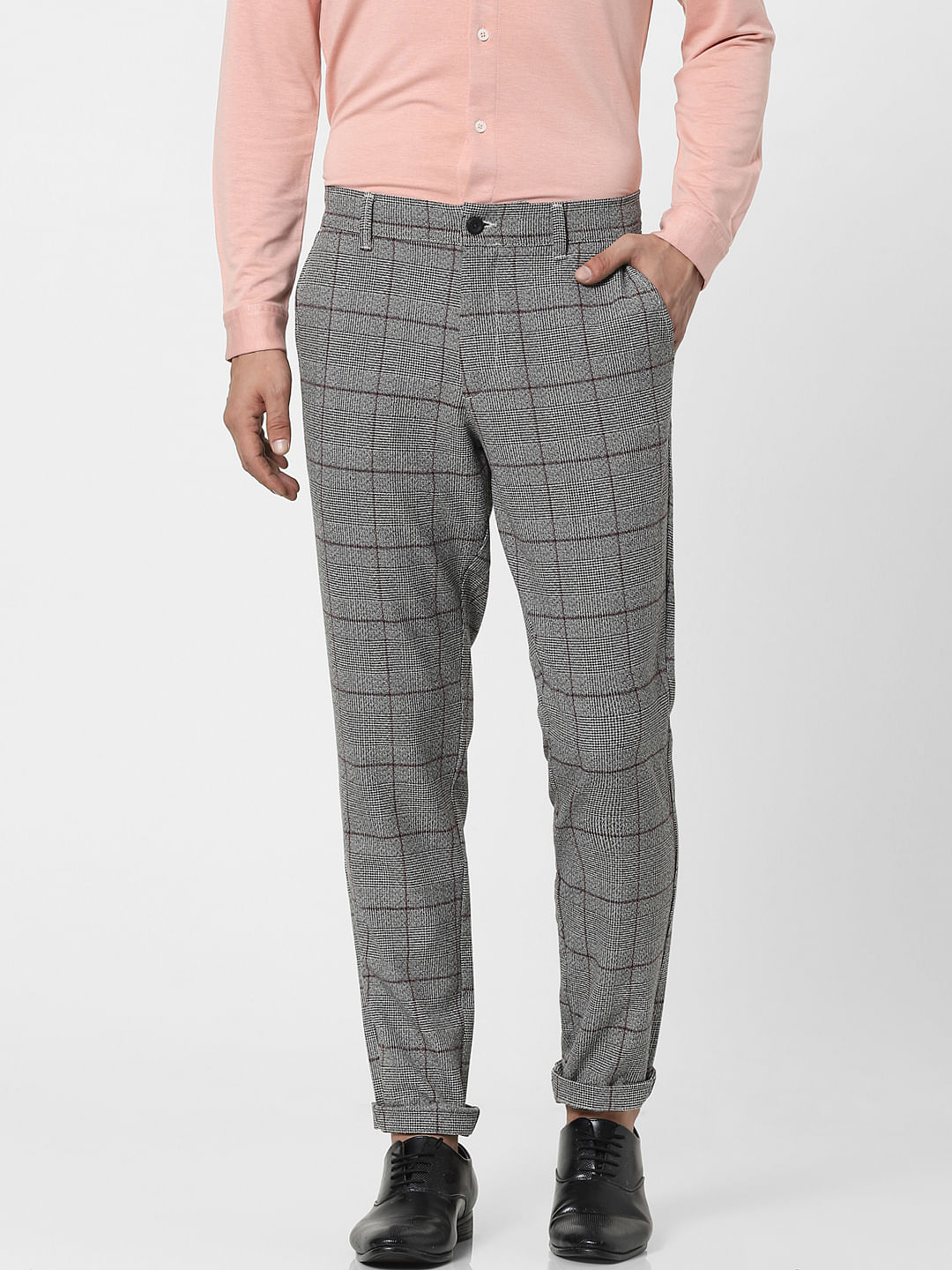 Mens Grey Slim Fit Checkered Casual Chinos Pants with Stretch  Urbano  Fashion