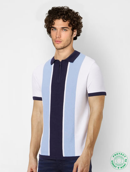 Blue Striped Polo Neck T-shirt