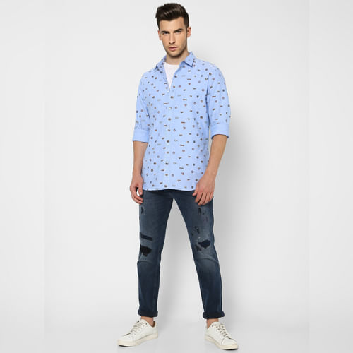 JACK&JONES Blue Printed Full Sleeves Shirt