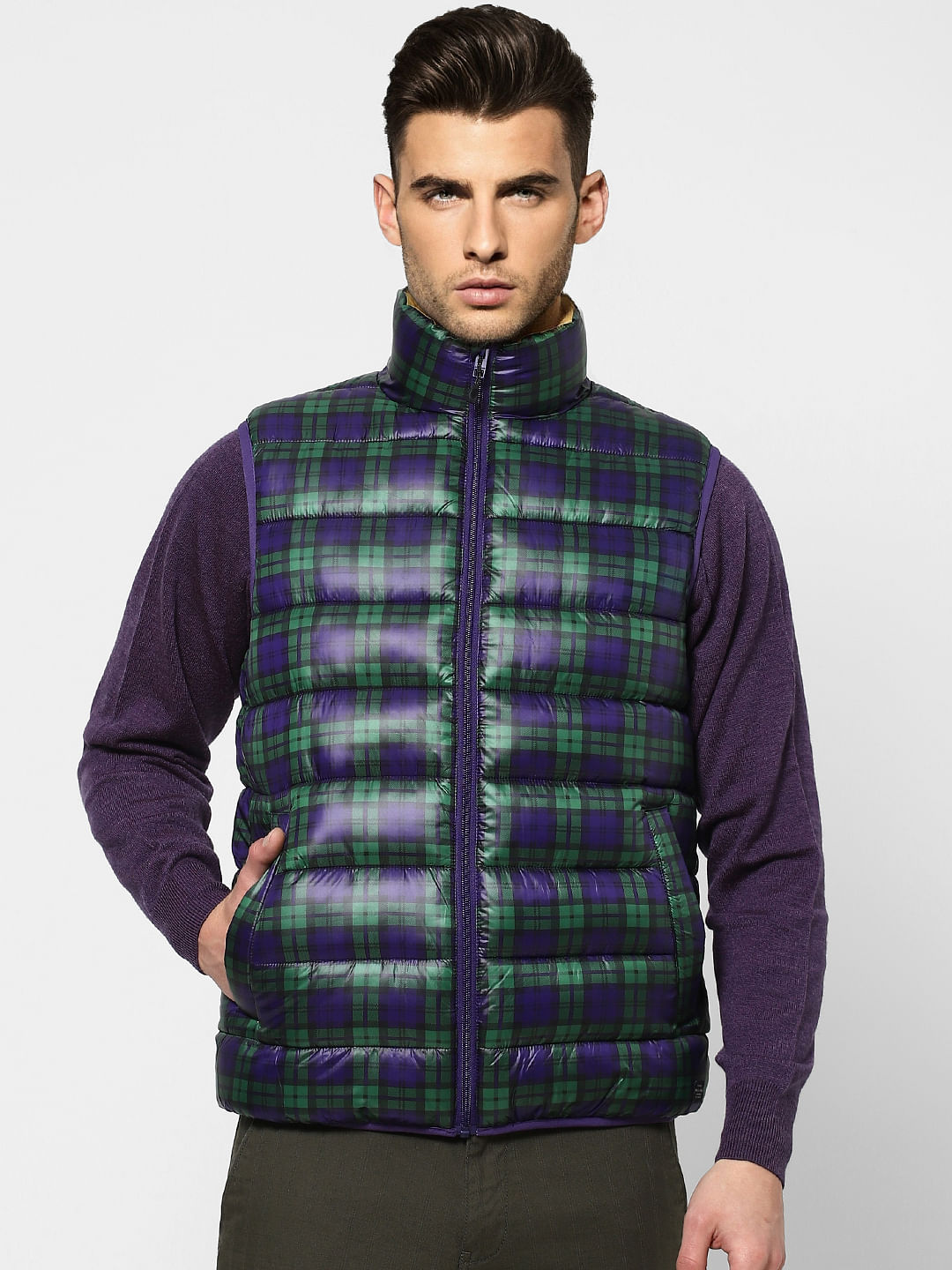 Buy Green Check Puffer Jacket for Men