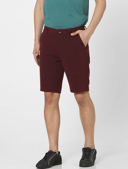 Maroon Low Rise Textured Knit Shorts