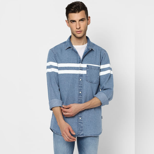 BESTSELLER CLOTHING Blue Striped Full Sleeves Denim Shirt