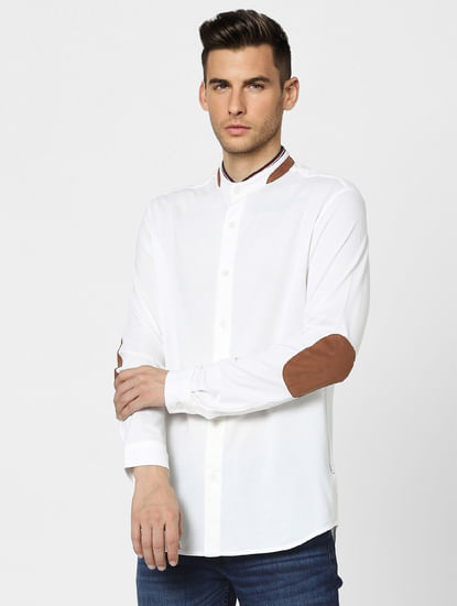 White Knitted Mandarin Collar Shirt