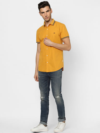 Orange Contrast Tipping Half Sleeves Shirt