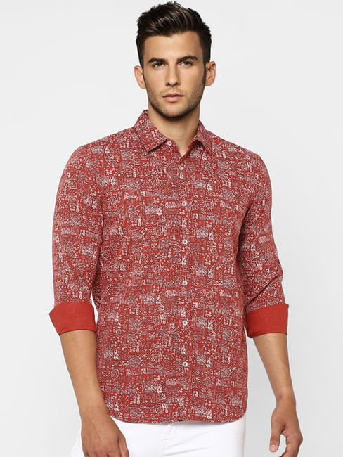 Red Printed Full Sleeves Shirt