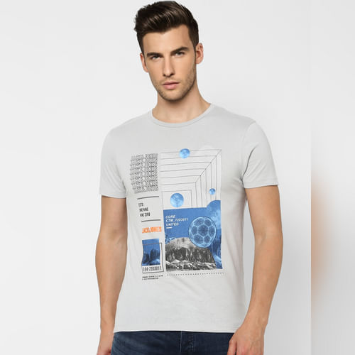 JACK&JONES Grey Graphic Print Crew Neck T-shirt
