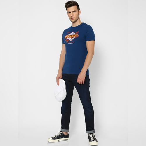 JACK&JONES Blue Graphic Print Crew Neck T-shirt