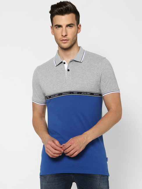 Grey Colourblocked Polo Neck T-shirt