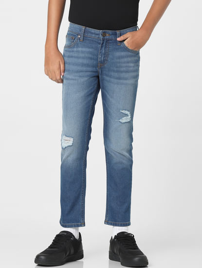 Blue Mid Rise Distressed Regular Jeans