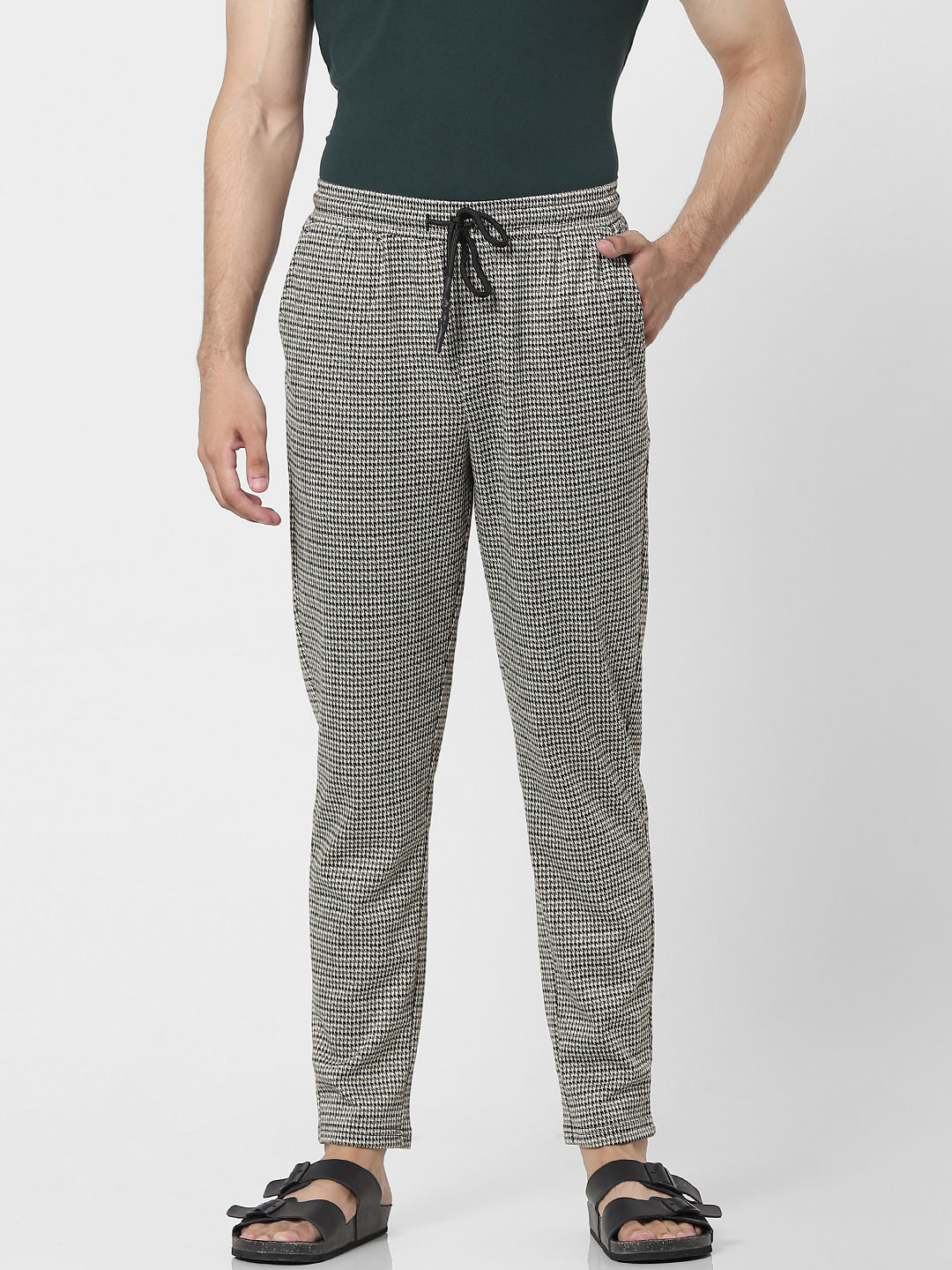 Light Brown Houndstooth Tweed flatfront Trousers for men