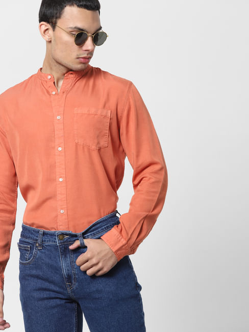 Orange Mandarin Collar Full Sleeves Shirt