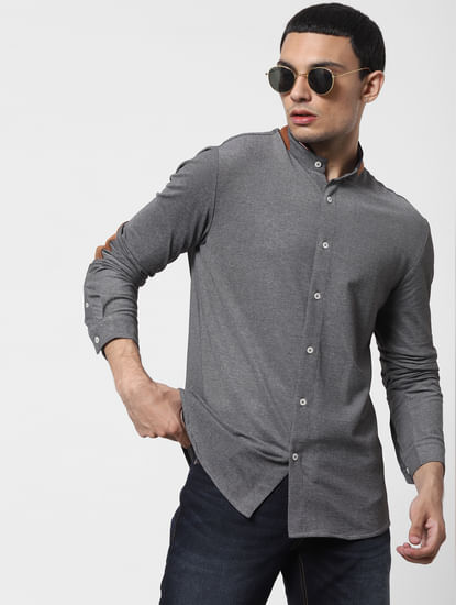 Grey Mandarin Collar Full Sleeves Shirt